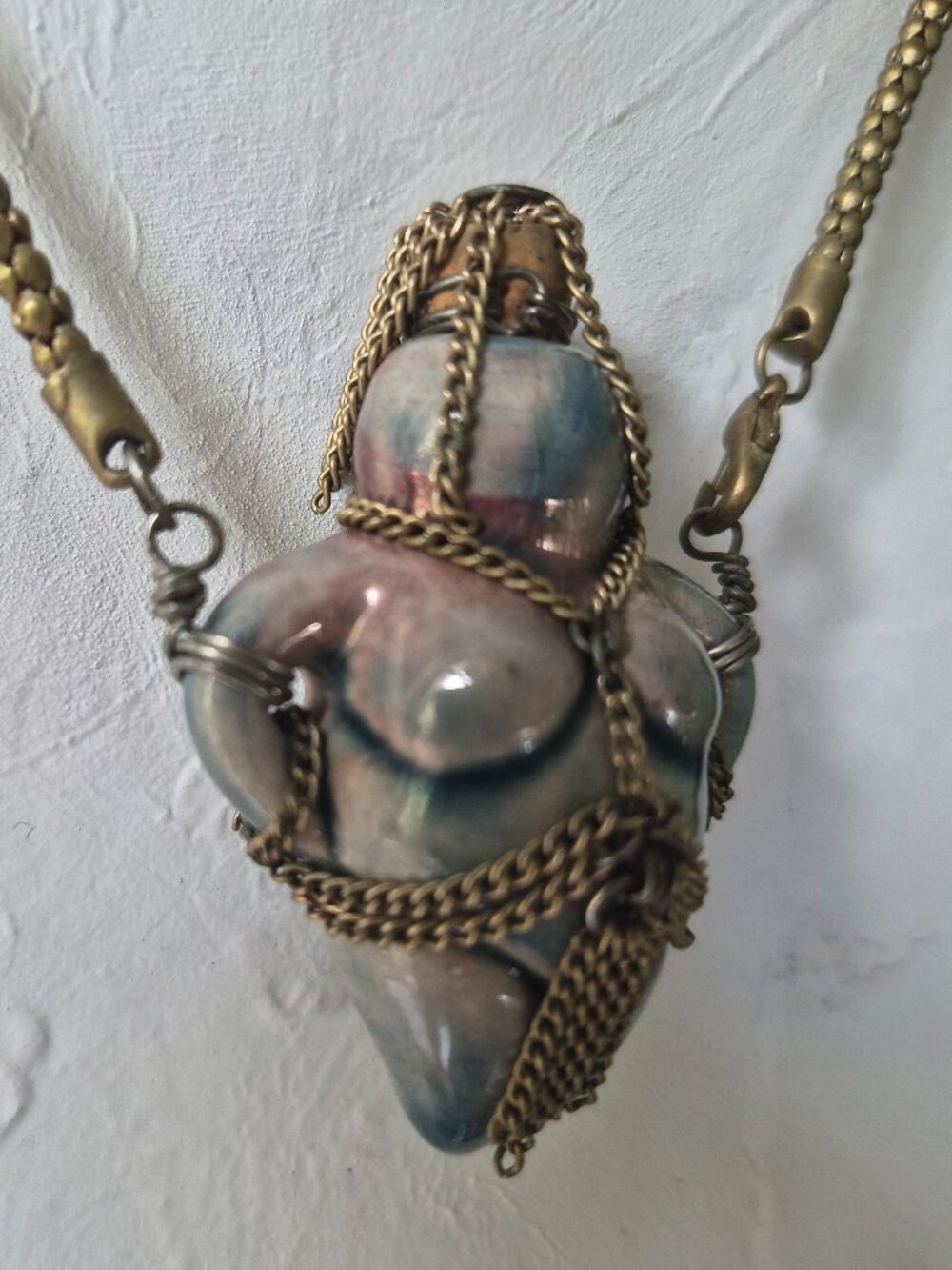 Ceramic Venus Willendorf Pendant Vial Cork Lid Necklace Goddess in Chain Cage